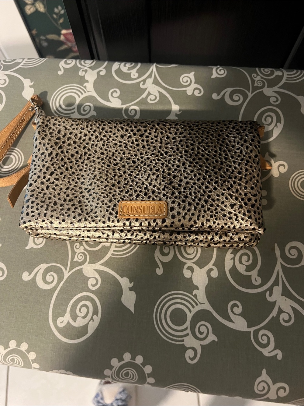 Consuela Metallic Silver Pebbled Wristlet Clutch